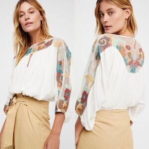 NWT Free People Galina Embroidered Sheer Panel Top In Ivory Size M Boho Glam